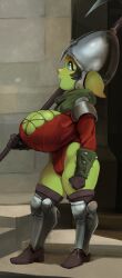 1girls absurd_res armor armored_boots big_breasts blue_eyes cranihum female female_only goblin goblin_female green_skin helmet huge_breasts pointy_ears shortstack solo tani_(cranihum) thick_thighs