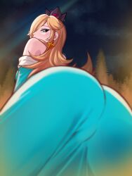 ass ass_focus bare_shoulders big_ass blonde_hair blue_eyes blush crown dress earrings from_behind hair_over_one_eye huge_ass jewelry long_hair looking_at_viewer looking_at_viewer, looking_down mario_(series) nintendo princess_rosalina saikoart1st sitting solo star_(sky) super_mario_galaxy tagme