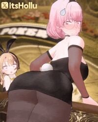 2girls animated_gif ass bunny_ears bunny_tail bunnysuit callillust female gif gigi_murin glasses hololive hololive_english hololive_english_-justice- hololive_myth human_only mori_calliope pink_hair virtual_youtuber