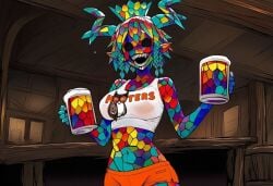 1girls ai_generated alcohol beer braids breasts claws clothed clothes clothing crown dani_(paigen) fangs female glass glass_girl glass_monster glass_skin hooters hooters_uniform horn horns horror horror_(theme) large_breasts monster_girl multicolored_body multicolored_hair original original_character paigen pointy_ears pouch sharp_nails sharp_teeth shirt short_hair shorts stained_glass stained_glass_monster static_eyes