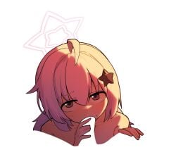 1girl ahoge bbangsig_1129 blank_censor blue_archive censored center-flap_bangs commentary_request cropped_shoulders fellatio from_above hair_ornament halo hand_on_another's_thigh highres korean_commentary light_censor looking_at_viewer looking_up meme negative_space negative_space_oral_(meme) oral pink_halo pov pov_crotch raised_inner_eyebrows reisa_(blue_archive) sidelighting silhouette star_(symbol) star_hair_ornament star_halo topless_female