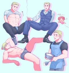 1boy abs axis_powers_hetalia baking blonde_hair blue_eyes boxers buff bulge bulge_through_clothing chibi cigarette clothed clothing colored feliciano_vargas fit_male germany_(hetalia) hetalia italy_(hetalia) japanese_text lifted_shirt ludwig_weillschmidt male multiple_poses multiple_positions slicked_back_hair smoking suit tied_hands unbuttoned_pants