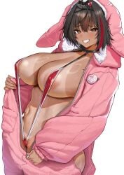 1girls animal_costume animal_ears areola_slip bay_(nikke) black_choker black_hair breasts brown_eyes choker cleavage fake_animal_ears female_pubic_hair goddess_of_victory:_nikke grin hair_between_eyes hair_intakes huge_breasts large_areolae long_hair looking_at_viewer mole mole_on_breast mole_on_stomach mole_on_thigh mole_under_mouth multicolored_hair multiple_moles navel one-piece_tan open_onesie pubic_hair pubic_hair_peek ramanda red_slingshot_swimsuit red_streaks sideboob slingshot_swimsuit smile solo stomach streaked_hair swimsuit tanlines unzipped