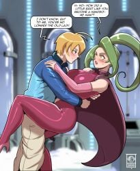 1boy1girl aged_up_character aged_up_male between_legs between_thighs blonde_hair blue_eyes blushing bodysuit breasts cape cryostasis_pod darkshini dinosaur_king green_hair holding_body jacket khaki_pants navel older_female_and_younger_male older_woman_and_younger_man pink_heels red_bodysuit rex_owen stasis_chamber thick_thighs ursula_(dinosaur_king) voluptuous_female yellow_eyes