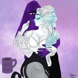 bra breasts cheating cheating_husband coffee coffee_mug cuckquean fins long_hair lore_olympus natural_breasts purple_hair purple_skin seducing seduction seductive taking_clothes_off thetis_(lore_olympus) unraveling white_hair white_skin zeus_(lore_olympus)