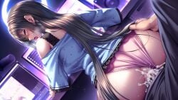 1boy 1girl amakano_3 ass black_hair blue_eyes blue_shirt blush censored clothes_lift clothing_aside cum cum_in_pussy dutch_angle ejaculation from_behind game_asset headphones hetero highres indoors kyouno_yoshihiro long_hair monitor mosaic_censoring non-web_source off-shoulder_shirt off_shoulder ootori_sayumi pajamas panties panties_aside parted_lips pink_panties piromizu reverse_upright_straddle self-datamine shirt sitting skirt skirt_lift solo_focus sweat tongue tongue_out underwear vaginal variant_set very_long_hair visual_novel_cg