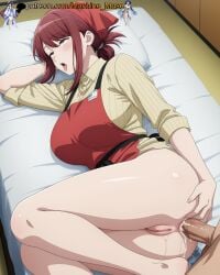 1girl 1girls adult adult_female ahe_gao ahegao ahegao_face ai_generated anal anal_insertion anal_penetration anal_sex anime_style apron big_breasts boobs breasts bust busty busty_female busty_girl cashier clothes clothing cock cum cum_in_ass dick female from_above girl head_scarf large_breasts legs legs_together lying lying_on_side machine_muse mature mature_body mature_female on_side open_mouth orgasm orgasm_face penis penis_in_ass pussy pussy_juice red_eyes red_hair rolling_eyes semen sex sexy sexy_body shirt sperm striped_shirt super_no_ura_de_yani_suu_futari tits tongue_out uncensored vagina watermark wet_pussy yamada_(super_no_ura_de_yani_suu_futari)