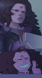 2girls black_hair cartoon_network dialogue english_text female female_only gem_(species) gem_fusion long_hair multiple_girls muscular muscular_female orange_skin purple_skin sardonyx_(steven_universe) steven_universe sugilite_(steven_universe) text yuri