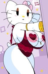 1girls anthro areola_slip arm_behind_head armlet bare_shoulders big_breasts black_eyes blush blush_stickers bottomless bow breasts cassettedream cat_girl cleavage clothing cute dream-cassette dress english_text felid feline felis female female_only furry furry_female gold gold_bracelet hair_bow half-closed_eyes heart_maebari heart_pasties hello_kitty hello_kitty_(character) hello_kitty_(series) hoshime huge_breasts indoors jewelry kitty_white large_breasts looking_at_viewer mob_face o-ring o-ring_bottom parted_lips pasties pink_bow red_dress revealing_clothes sanrio short_dress sleeveless sleeveless_dress solo solo_female sparkles speech speech_bubble tail text thick_thighs voluptuous voluptuous_female whiskers white_fur