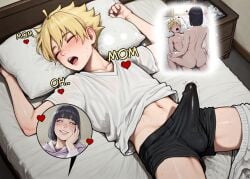 ai_generated black_hair blonde_hair blue_eyes blush boruhina boruto:_naruto_next_generations cowgirl_position hyuuga_hinata incest indoors male_underwear milf morning morning_wood mother mother_and_son naruto_(series) phantom-art purple_eyes sex short_hair smile smirk sweat t-shirt text uzumaki_boruto