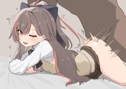 1boy 1girl absurdres black_ribbon blush bow brown_background brown_bow brown_cardigan brown_hair brown_skirt cardigan commentary_request dark-skinned_male dark_skin earrings flat_chest girls'_frontline girls'_frontline_2:_exilium hair_ribbon highres jewelry leva_(girls'_frontline_2) long_hair looking_at_viewer lying multicolored_hair official_alternate_costume on_stomach one_eye_closed open_mouth pink_streaks pleated_skirt prone_bone ribbon scar scar_across_eye scar_on_face school_uniform sex sex_from_behind shirt simple_background skirt streaked_hair twitching ump45_(girls'_frontline) vaginal white_shirt yanagui_yugi yellow_eyes