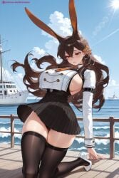 1girl ai_generated animal_ears atago_(azur_lane) azur_lane bangs black_hair black_legwear black_skirt blush breasts brown_eyes brown_hair bunny_ears chikuma_(azur_lane) day hair_between_eyes hair_ornament hi_res high-waist_skirt high_quality high_resolution kiraamane large_breasts long_hair looking_at_viewer mole mole_under_eye outdoors panties patreon pleated_skirt seductive sexy skindentation skirt solo thighhighs uncensored underwear watermark