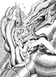 1990s 1999 20th_century cum dragon duo erection feral hi_res human human_on_feral interspecies karabiner male mammal monochrome nude penis scales scalie size_difference tentacle tentacle_on_male tongue zoophilia