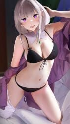 1girls armpits belly cleavage elf elf_ears elf_female emilia_(re:zero) half_naked large_breasts looking_at_viewer nightgown purple_eyes re:zero_kara_hajimeru_isekai_seikatsu shiraesu silver_hair solo thighs underwear