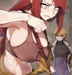 2026 2d 2d_(artwork) 2girls abella_(fear_and_hunger) abs athletic athletic_female bangs bare_shoulders belly belly_button blonde_hair blunt_bangs blush blush_lines blushing busty cleavage clothed clothing curvaceous curvy curvy_female curvy_figure deitysexual fear_and_hunger fear_and_hunger:_termina female female_only fit fit_female fully_clothed hi_res highres karin_(fear_and_hunger) light-skinned_female light_skin long_hair midriff muscles muscular muscular_female navel nipple_bulge nipples overalls ponytail red_hair skimpy skimpy_clothes skirt stomach straight_hair sweat sweatdrop sweating sweaty sweaty_body tied_hair toned toned_body toned_female toned_stomach voluptuous voluptuous_female white_eyes wide_eyed