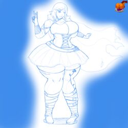 ass breasts cape demonroyal female huge_ass huge_breasts large_ass licking_lips monochrome ruby_rose rwby skirt tagme thick_thighs tight_clothing wink