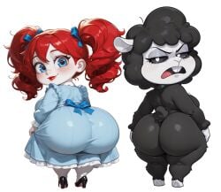2girls afro ai_generated annoyed annoyed_expression anthro anthro_female ass ass_bigger_than_head ass_focus baba_chops baba_chops_(poppy_playtime) big_ass black_footwear black_fur black_hair black_high_heels black_sclera blue_dress blue_eyes blush bottom_heavy breasts buck_teeth buckteeth clothed_female critters_(poppy_playtime) curly_hair dress eyelashes female female_focus female_only freckles freckles_on_face from_behind fur furry high_heels huge_ass looking_at_viewer looking_back naked naked_female nightmare_critters nude nude_female pigtails pixai poppy_(poppy_playtime) poppy_playtime poppy_playtime_(chapter_4) red_hair red_lipstick ribbon sheep sheep_girl shortstack sideboob smile smiling smiling_at_viewer twintails urikoito white_eyes white_pupils white_skin