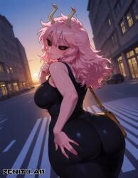 1girl ai_art ai_generated ass, at back, bag behind, black breasts, colored dress, eyes, from grabbing hair, hand horns, large large_ass large_breasts long looking mina_ashido my_hero_academia on outdoors, own pink sclera, skin, smile, solo, viewer, yellow zenithai