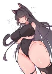 blush cowboy_shot crossed_arms curvy dutch_angle highleg_leotard huge_breasts japanese_text leotard looking_at_viewer maimai_(game) mv_character shama_(maimai) standing text thick_thighs torn_thighhighs voluptuous wide_hips