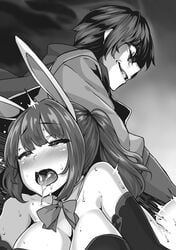 1boy 1girls breasts bunny_ears drooling evil_grin female grin kaifuku_jutsushi_no_yarinaoshi keyarga_(redo_of_healer) large_breasts open_mouth otk_spanking over_the_knee over_the_knee_spanking redo_of_healer rolling_eyes saliva shiokonbu spanking straight tagme tongue