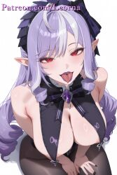 ahoge ai_generated areola areola_slip areolae bare_shoulders big_breasts black_nails breast_curtains breasts elf_ears high_resolution highres leorna lipstick long_ears multicolored_hair nail_polish pantyhose purple_hair red_eyes saliva vivian_banshee white_hair zenless_zone_zero