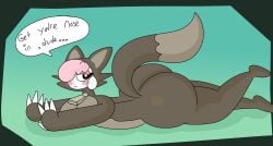 2d 2d_(artwork) anthro ass ass_focus big_ass big_thighs blush blushing brappycatty breasts bubble_ass chikn_nuggit cofi_(chikn_nuggit) cyan_background digital_media_(artwork) female female_focus female_only image laying_down laying_on_stomach looking_away serious_look sheep sunniefunnie tagme talking talking_to_viewer taller_female wolf_costume