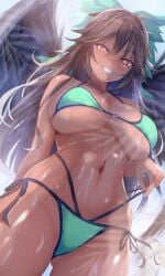 1girl alternate_costume bikini bird_wings black_wings blue_sky bow breasts brown_hair cleavage commentary_request day feathered_wings gluteal_fold green_bikini green_bow grin hair_between_eyes hair_bow highleg highleg_bikini highres large_breasts long_hair looking_at_viewer navel niradama_(nira2ratama) orange_eyes outdoors reiuji_utsuho side-tie_bikini_bottom sky smile solo stomach swimsuit tan thighs touhou very_long_hair wings