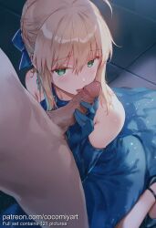 1boy 1girl 2026 ahoge ai_generated alternate_costume artoria_pendragon bare_shoulders blonde_hair blue_dress blue_gloves blue_ribbon blush braid clothed_female_nude_male cocomiyart dress earrings elbow_gloves erection fate_(series) fellatio french_braid gloved_handjob gloves green_eyes hair_between_eyes hair_bun hair_ribbon hetero high_heels highres jewelry kneeling licking licking_penis long_hair looking_at_viewer nsfw nude official_alternate_costume oral penis ribbon saber sidelocks sleeveless sleeveless_dress solo_focus tile_floor tiles tongue tongue_out uncensored