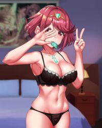 1girls abs blush breasts clothed eyebrows_visible_through_hair female female_only gem hair_ornament headpiece highres indoors jewelry lamp large_breasts lingerie nail_polish nintendo painting_(object) pose pyra red_eyes red_hair room shiny shiny_skin short_hair shy skindentation smile solo sssemiii table tiara underwear v xenoblade_(series) xenoblade_chronicles_2