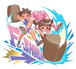 ass blush brown_hair female hammer ice_climber male mallet minus8 nana_(ice_climber) nintendo popo_(ice_climber) shoes socks super_smash_bros. tanned tanned_skin twintails unitard