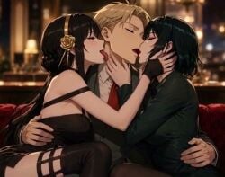 1boy 2girls ai_generated black_hair blonde_hair fubuki_(one-punch_man) grok grok_imagine group_kiss group_kissing kissing loid_forger one-punch_man spy_x_family tagme triple_kiss video yor_briar yor_forger