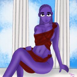 aphrodite aphrodite_(lore_olympus) boob_bulge breasts bulge_through_clothing lore_olympus mole mole_under_eye nipple_peek purple_hair purple_skin red_clothing seductive_pose straight_hair thighs