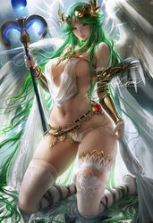 1girls angel_wings cleavage female female_only gladiator_sandals green_hair kid_icarus kneeling large_breasts long_hair nintendo palutena sakimichan skindentation solo tagme thighhighs thong wings