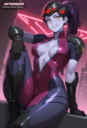 1girls ai_generated artoonizer ass big_ass big_breasts blizzard_entertainment blue_skin blush bodysuit breasts colored_skin earrings elbow_gloves female female_focus female_only gauntlets hand_on_knee hand_on_leg handwear headgear headwear helmet jewelry latex_clothing long_hair looking_at_viewer narrow_waist neon neon_lights one_leg_up outdoors overwatch overwatch_2 patreon patreon_username plunging_neckline ponytail posing purple_body purple_hair purple_lipstick purple_skin sitting smile solo solo_female solo_focus stud_earrings tight_clothing widowmaker widowmaker_(overwatch_2_suit) yellow_eyes