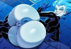 1girl 1girls ai_generated anus ass big_ass blue_anus blue_body blue_eyes blue_hair blue_skin dc dc_comics grin huge_ass livewire mullon novelai on_side superman_(series) supervillain supervillainess