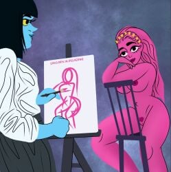 art_study big_breasts black_hair blue_skin hecate_(lore_olympus) lore_olympus nude nude_female nudity painting painting_body persephone_(lore_olympus) pink_hair pink_skin pubic_hair pussy sitting yellow_eyes