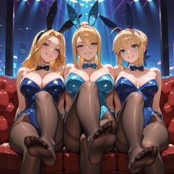 3girls ai_generated artoria_pendragon bunny_costume bunny_ears bunny_girl bunny_suit bunnysuit commission crossover fake_animal_ears fate_(series) feet front_view league_of_legends looking_at_viewer luxanna_crownguard metroid multiple_crossover pantyhose playboy_bunny riot_games saber samus_aran seductive smile soles sweat sweatdrop tagme vertiloart