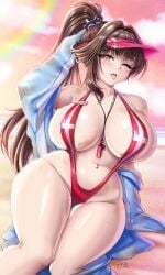 1girls bikini breasts breasts_bigger_than_head brunette female female_only goddess_of_victory:_nikke high_ponytail huge_breasts large_breasts long_hair marciana_(nikke) navel navel_piercing pale-skinned_female pale_skin ponytail sevie sling_bikini swimsuit thick_thighs wide_hips