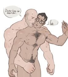 anal anal_sex artist_request bara big_pecs cheek_press chest_hair covering_crotch dilf doctor gay glasses heavy_(team_fortress_2) large_pectorals medic_(team_fortress_2) muscular_male nude older_male pubic_hair sweat team_fortress_2 yaoi