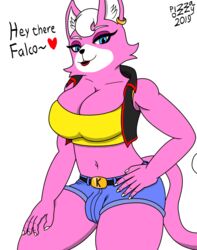 2019 anthro big_breasts breasts bulge cleavage clothed clothing domestic_cat felid feline felis futanari heart hi_res intersex katt_monroe looking_at_viewer mammal nintendo open_mouth pizzaozzy_(artist) simple_background solo star_fox video_games