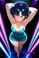 1girl ai_generated akane_tendo angry angry_face arms_behind_head arms_up blue_dress blue_eyes blue_hair breasts dress female female_only girl heels legs nightclub ranma_1/2 sexy short_hair standing