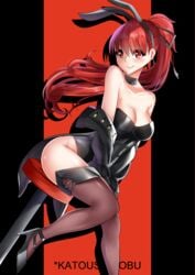 animal_ears bare_shoulders black_legwear breasts bunny_ears bunny_girl bunnysuit female high_heels kasumi_yoshizawa katoushinobu katoushinobu045 persona persona_5 persona_5_royal red_eyes red_hair simple_background sumire_yoshizawa thighhighs