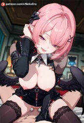 ai_generated black_stockings busty cowgirl_position girl_on_top large_breasts looking_at_viewer naughty_face penetration penis pink_hair pov pussy ramiel_(zenless_zone_zero) short_hair thick_thighs wings zenless_zone_zero