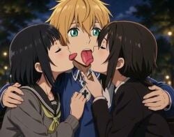 1boy 2girls ai_generated asada_shino black_hair blonde_hair eugeo grok grok_imagine group_kiss group_kissing kirigaya_suguha kissing sword_art_online tagme triple_kiss video