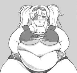 bbw big_belly big_breasts big_thighs booty_shorts chubby chubby_female crop_top eyepatch fat fingerless_gloves marvelous monochrome obese overweight plump senran_kagura senran_kagura_(series) short_shorts sketch squishing_belly tagme_(artist) thick_thighs twintails underboob white_hair yagyuu_(senran_kagura)