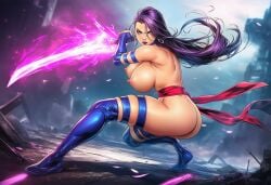 ai_generated battle_stance confidently_naked huge_breasts katana marvel marvel_comics nude_female psychic_powers psylocke psylocke_(kwannon) ruined_city sword