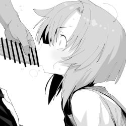 1boy 1girl bar_censor blush censored commentary_request fellatio greyscale henyaan_(oreizm) hetero highres higurashi_no_naku_koro_ni monochrome oral penis ryuuguu_rena school_uniform serafuku short_hair simple_background solo_focus upper_body veins veiny_penis white_background