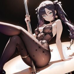 1girls ai_generated ass_focus ass_grab genshin_impact high_quality high_resolution highres mona_(genshin_impact) solo strip_club stripper_pole