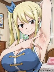 1girl ai_generated arm_behind_head arm_up armpit armpit_fetish bed bedroom big_breasts blonde_female blonde_hair brown_eyes cleavage fairy_tail hair_ribbon huge_breasts indoors long_hair looking_at_viewer lucy_heartfilia omega_weirdo patreon seductive side_ponytail smiling smiling_at_viewer smug solo solo_female solo_focus