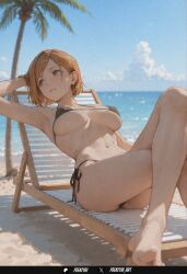 1girl ai_generated armpits beach bikini black_bikini breasts brown_eyes brown_hair crossed_legs day frenzyai jujutsu_kaisen kugisaki_nobara large_breasts navel outdoors palm_tree short_hair side-tie_bikini_bottom sitting sky solo swimsuit tree